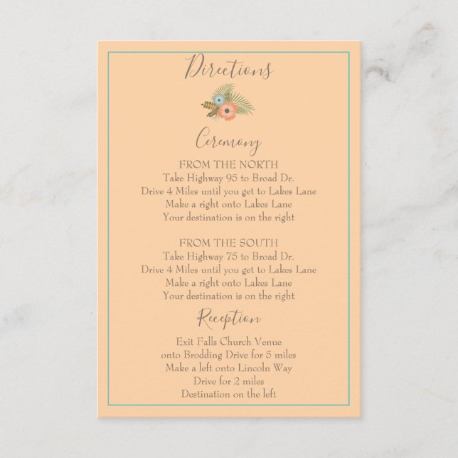 Schöne Peach Floral Directions Begleitkarte (Vorderseite)