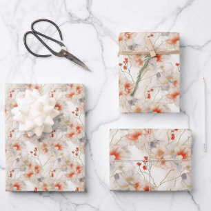 Schöne Peach Red White Floral Geschenkpapier Set