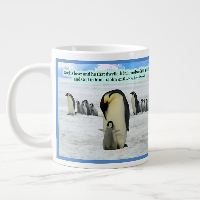 Schöne Penguin-Schrift 1 John 4:16 Riesenmantel Jumbo-Tasse (Links)