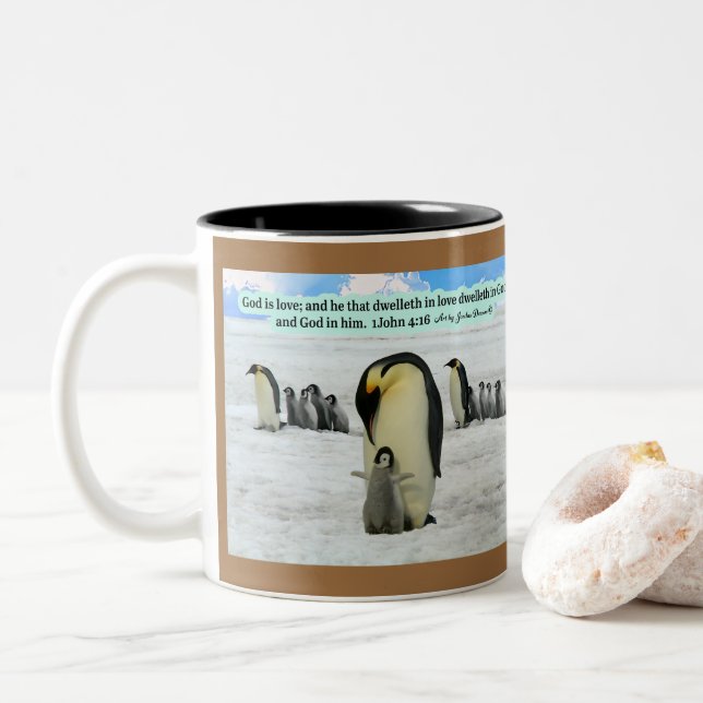 Schöne Penguin-Schrift 1 John 4:16 Zweifarbige Tasse (Mit Donut)