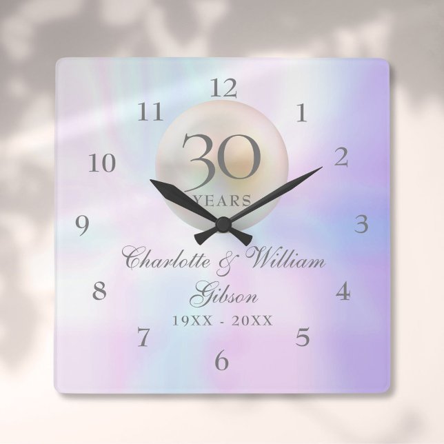 Schöne Perle 30. Hochzeitstag Quadratische Wanduhr (Beautiful Pearl 30th Wedding Anniversary Square Wall Clock)