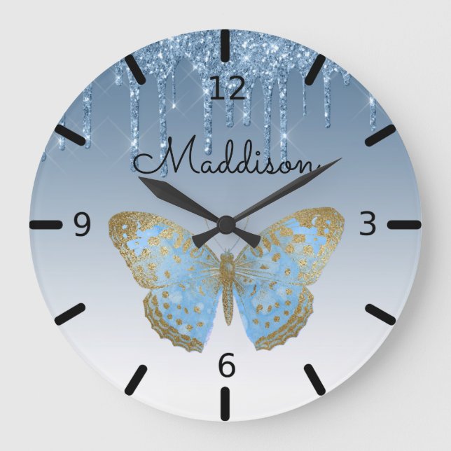 Schöne Personalisierte Blauer Schmetterling Große  Wanduhr (Vorderseite)