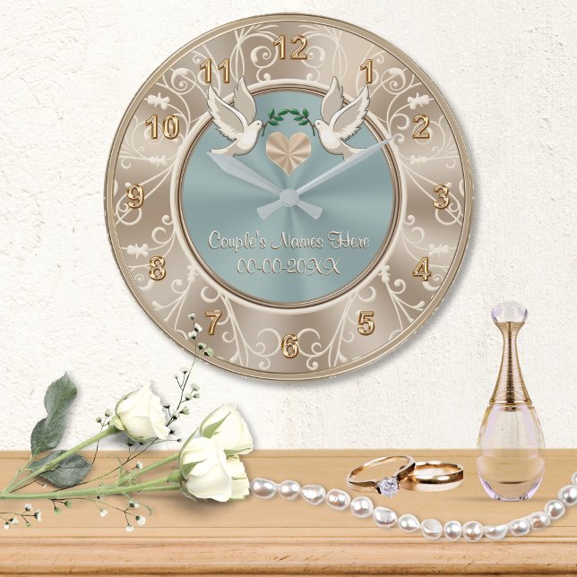 Schöne PERSONALISIERTE Hochzeituhr mit IHREM TEXT Große Wanduhr (Personalized wall clock for wedding gift. Love Birds wedding gifts. Elegant wedding gift for friends)