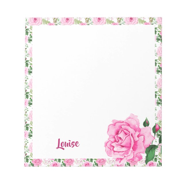 Schöne Personalisierte Pink-Aquarell-Rose Notizblock (Vorderseite)