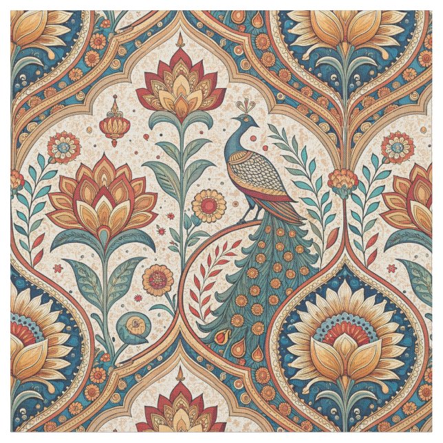 Schöne Pfau- und indische Blumenmuster-Kunst Stoff (Nahaufnahme)
