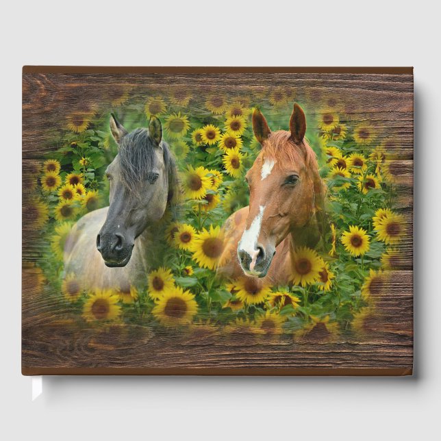 Schöne Pferde im Feld der Sonnenblumen Gästebuch (Vorderseite)
