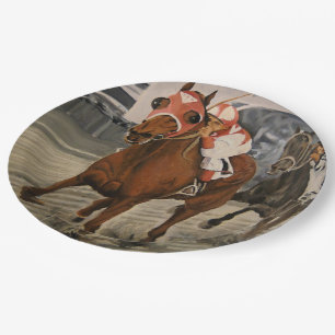 Schöne Pferdeschlittenbesitzer im klassischen Renn Pappteller