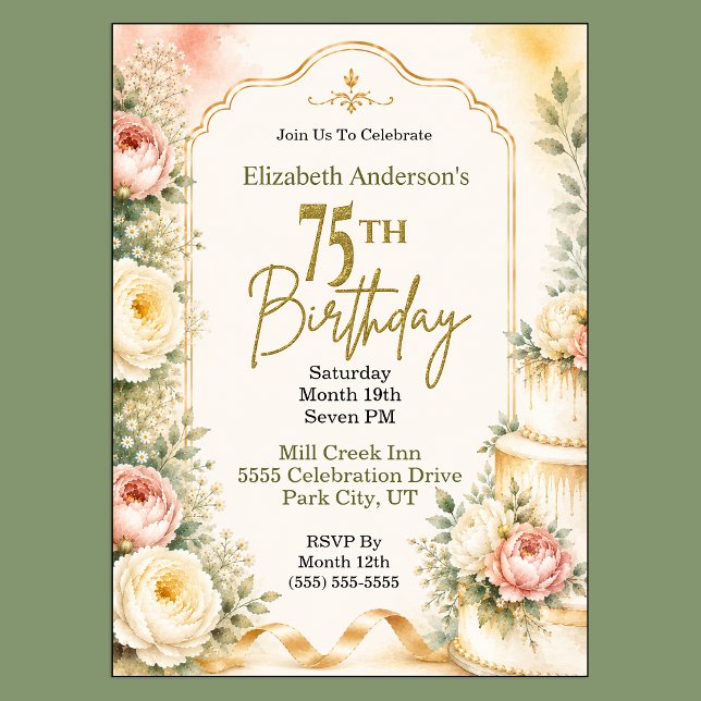Schöne Pfingstrose 75. Geburtstagsfeier Einladung (Beautiful Peony Flower 75th Birthday Invitation For Women.)