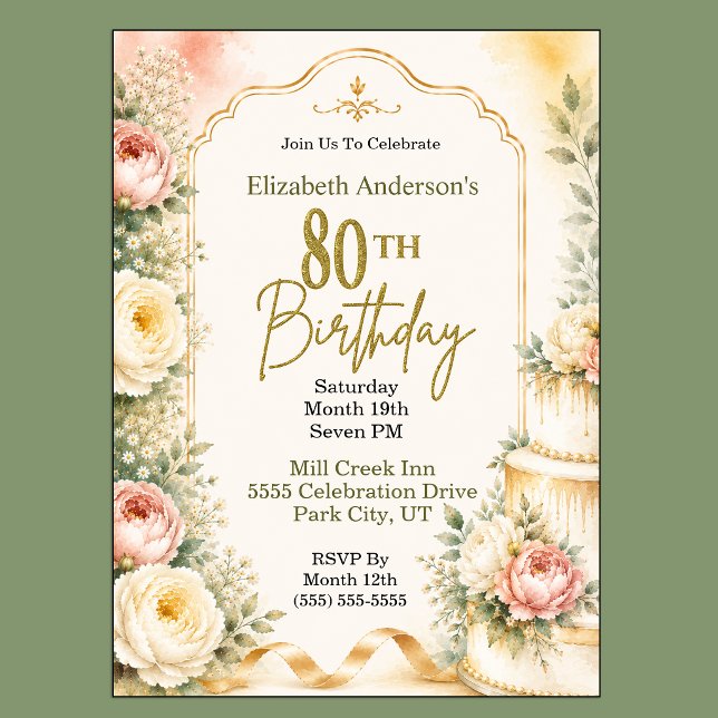 Schöne Pfingstrosen 80. Geburtstagsfeier Einladung (Beautiful Peony Flower 80th Birthday Invitation For Women.)