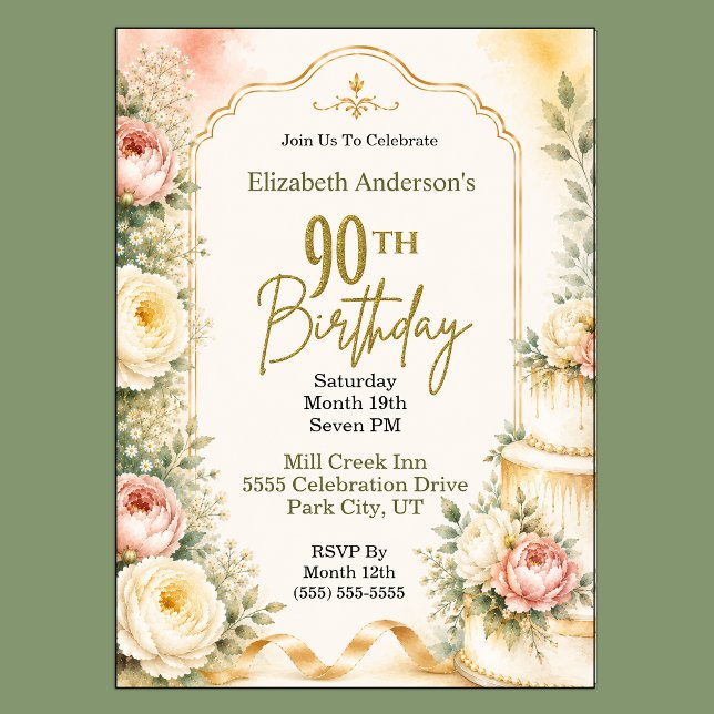 Schöne Pfingstrosen-90.-Geburtstagsfeier Einladung (Beautiful Peony Flower 90th Birthday Invitation For Women.)