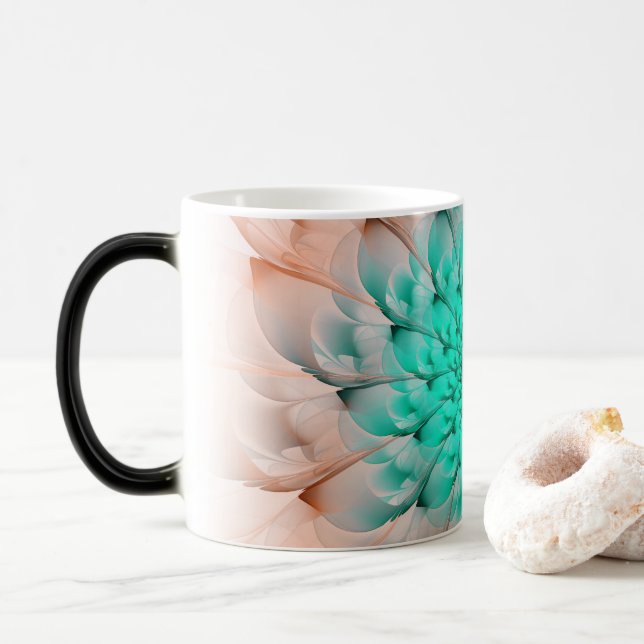 Schöne Pfirsich-Blüten-Türkis-Fraktal-Blume Verwandlungstasse (Mit Donut)