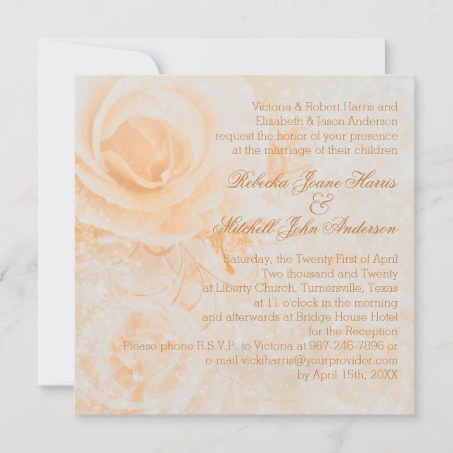 Schöne pfirsichcreme Rose Hochzeit Einladung (Vorderseite)