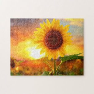 schöne Pflanze Blume Sonnenblume bei Sonnenunterga Puzzle