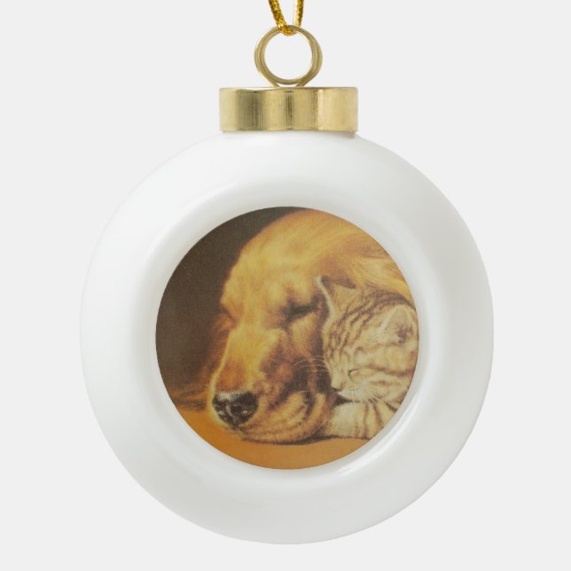 Schöne Phantastische Katze und Hund Cuddling Art P Keramik Kugel-Ornament (Vorderseite)