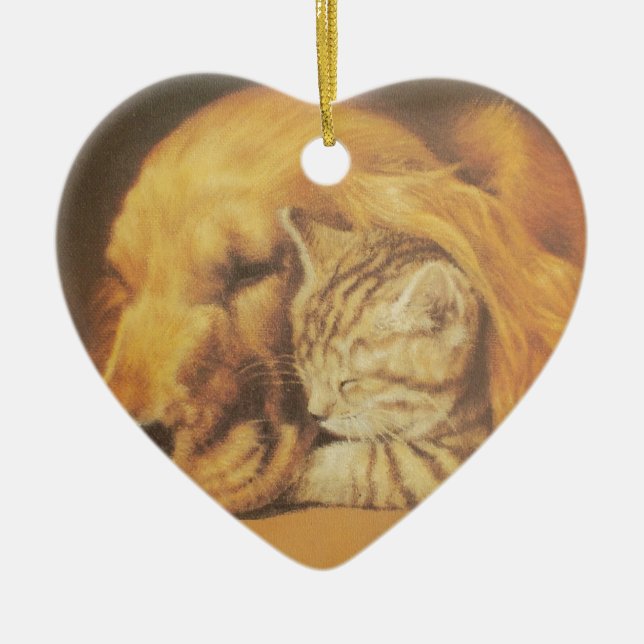 Schöne Phantastische Katze und Hund Cuddling Art P Keramik Ornament (Vorne)