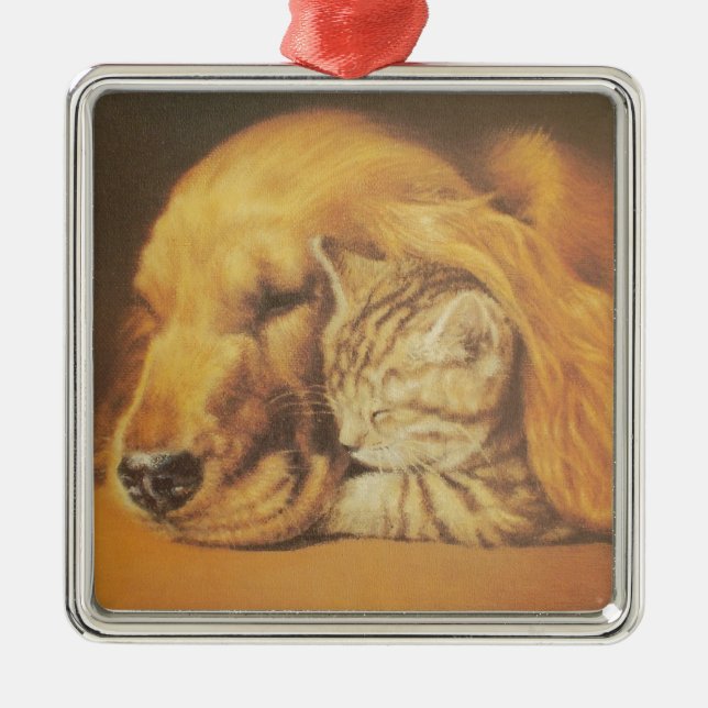 Schöne Phantastische Katze und Hund Cuddling Art P Ornament Aus Metall (Vorne)