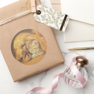 Schöne Phantastische Katze und Hund Cuddling Art P Runder Aufkleber