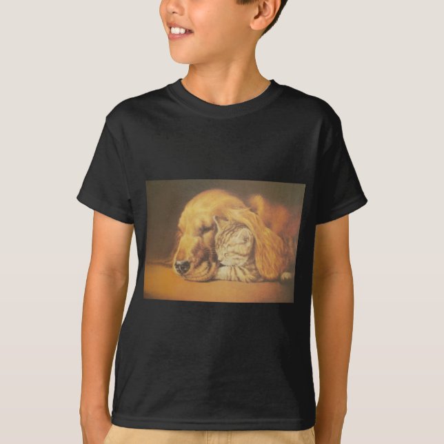 Schöne Phantastische Katze und Hund Cuddling Art P T-Shirt (Vorderseite)