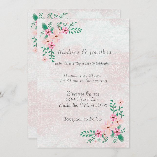 Schöne Pink Floral Wasserfarbe Hochzeit Einladung (Vorne/Hinten)