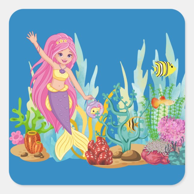 Schöne PINK HAIR Meerjungfrau Quadratischer Aufkleber (Vorderseite)