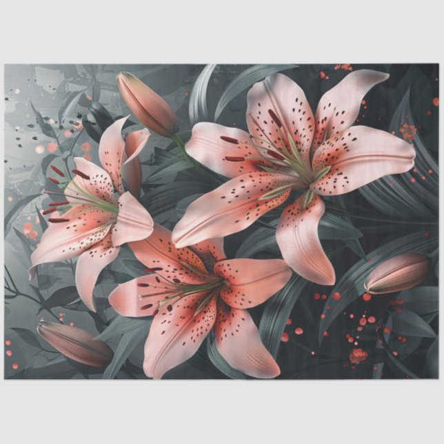 Schöne Pink Lilies mit Grünpflanzen Dekoration Seidenpapier (Vorderseite)