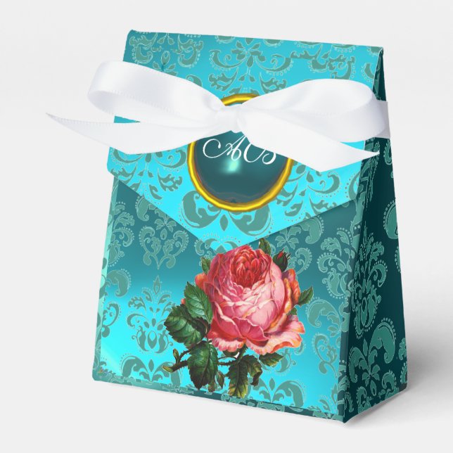 SCHÖNE PINKROSE, AQUAMARINER DAMASK BLAUER GEM MON GESCHENKSCHACHTEL (Vorderseite)