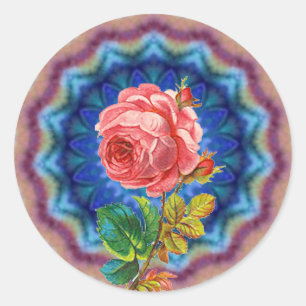 SCHÖNE PINKROSE IN BLAUEN PSYCHEDELIKREISEN RUNDER AUFKLEBER
