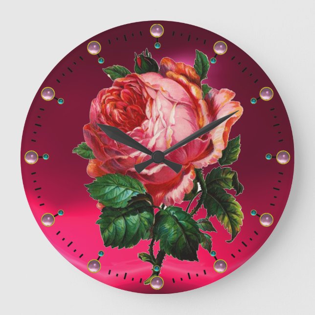 SCHÖNE PINKROSE MIT GEMSTONEN GROßE WANDUHR (Vorderseite)