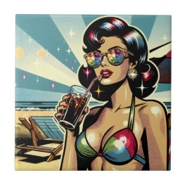 Schöne Pinup Frau mit Cola am Strand Fliese