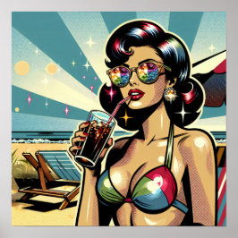 Schöne Pinup Frau mit Cola am Strand Poster