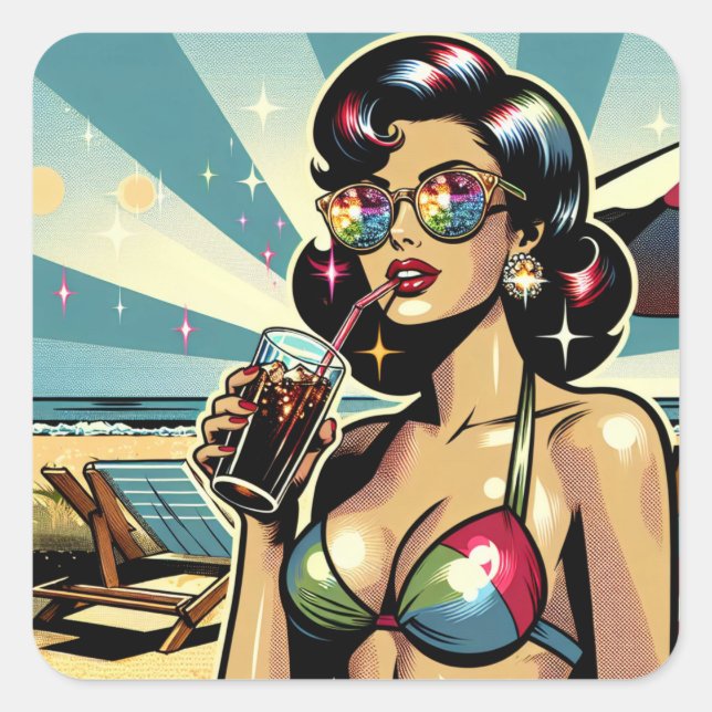 Schöne Pinup Frau mit Cola am Strand Quadratischer Aufkleber (Vorderseite)