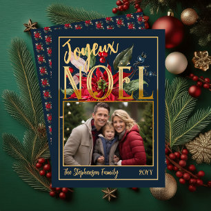 Schöne Poinsettia und Berries Joyeux Noël Folien Feiertagskarte