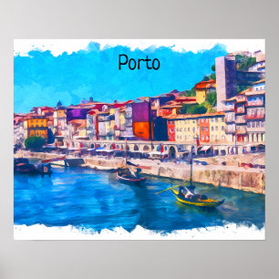 Schöne Porto Portugal Panoramasicht Watercolor Poster