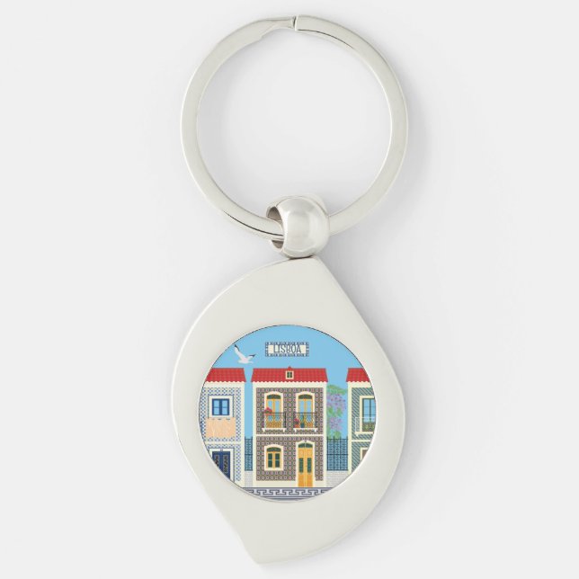 Schöne portugiesische Häuser mit Fliesen oder Azul Schlüsselanhänger (Vorderseite)