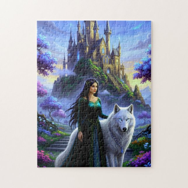 Schöne Prinzessin mit majestätischem Wolf Puzzle (Vertikal)