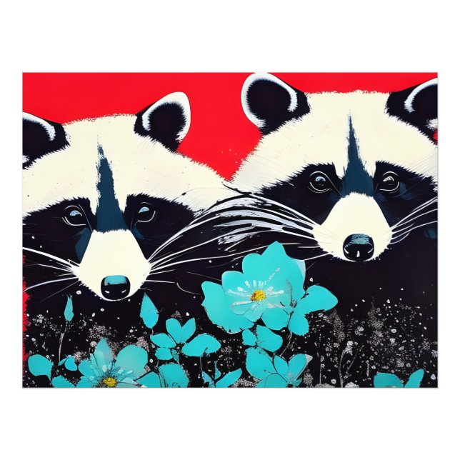 Schöne Raccoons mit blauen Blumen Fotodruck (Vorne)