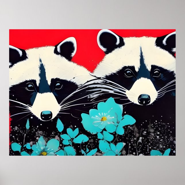 Schöne Raccoons mit blauen Blumen Poster (Vorne)