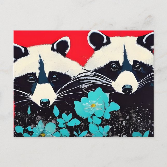 Schöne Raccoons mit blauen Blumen Postkarte (Vorderseite)