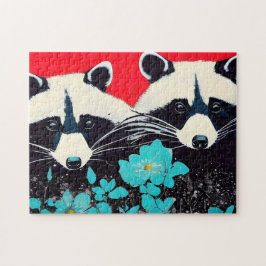 Schöne Raccoons mit blauen Blumen Puzzle