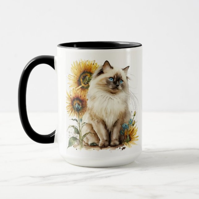 SCHÖNE RAGDOLL CAT MIT SONNENBLUMEN TASSE (Links)