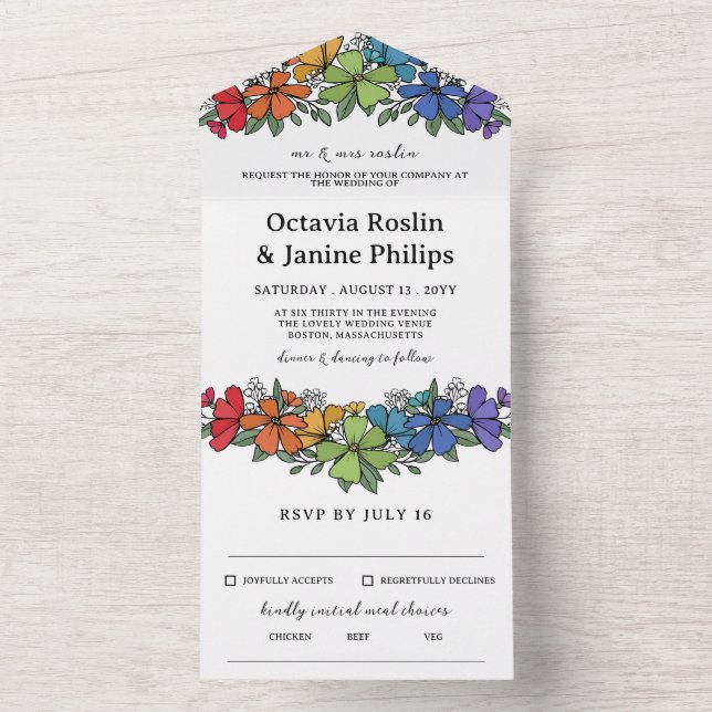 Schöne Rainbow Floral LGBT Wedding All In One Einladung (Innen Boden)