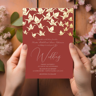 Schöne Red Origami Paper Crane Wedding Folieneinladung