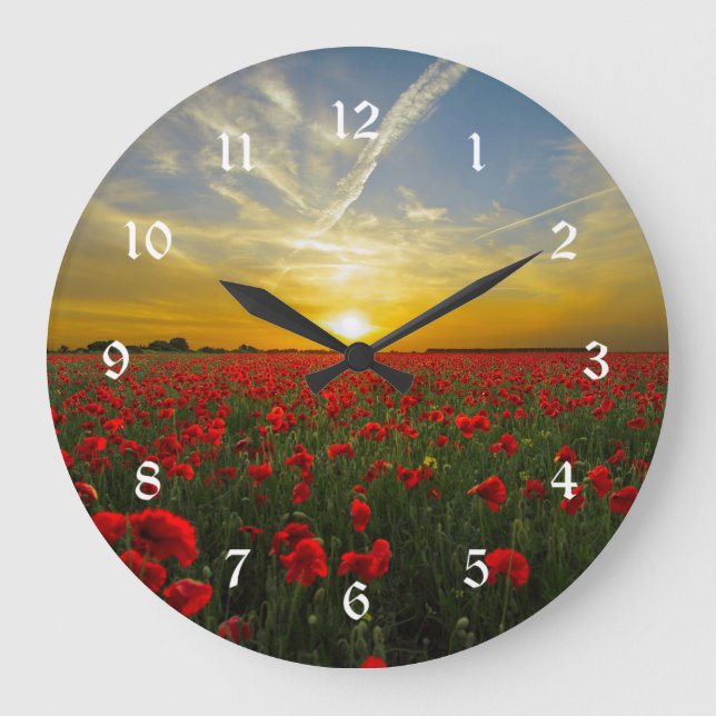Schöne Red Poppy Field Sunset Fotografie Große Wanduhr (Vorderseite)