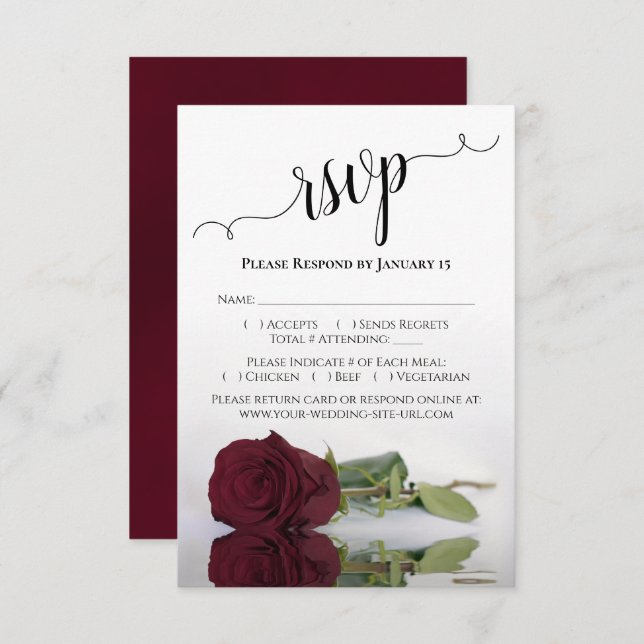 Schöne Reflektion Burgunder Rose Hochzeit RSVP Karte (Vorne/Hinten)