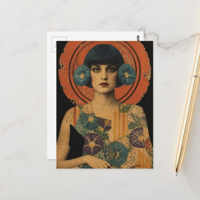 Schöne Retro-Dame und Blumen Postkarte (Vorderseite/Rückseite Beispiel)