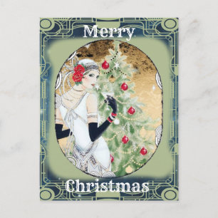 Schöne Retro-Dame und Weihnachtsbaum  Feiertagspostkarte