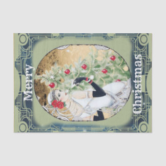 Schöne Retro-Dame und Weihnachtsbaum Seidenpapier