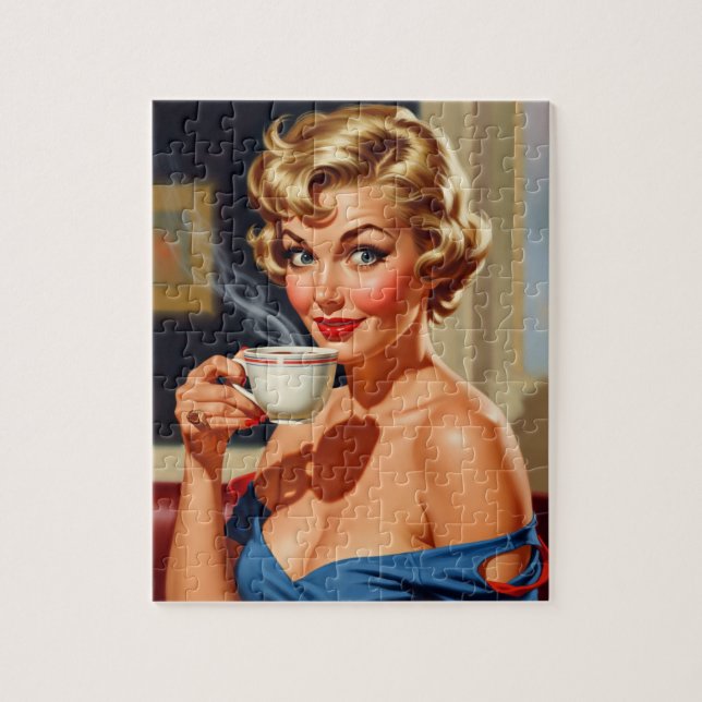 Schöne Retro-Frau mit einem Kaffee Puzzle (Vertikal)