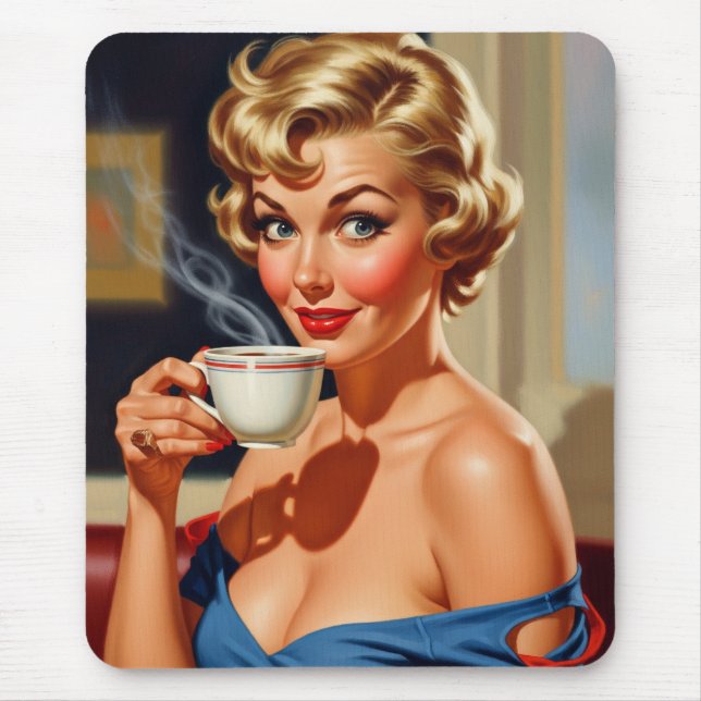 Schöne Retro Frau mit einer Tasse Kaffee Mousepad (Vorne)