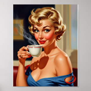 Schöne Retro Frau mit einer Tasse Kaffee Poster